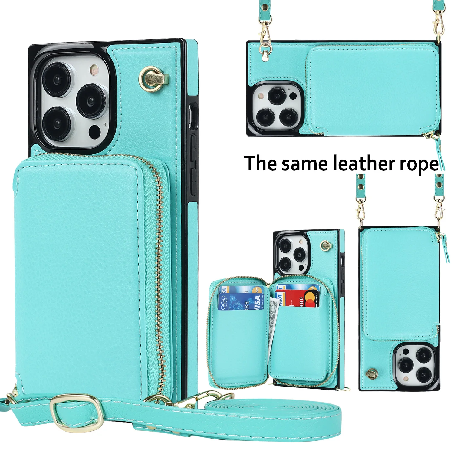 

Solid Color Zipper Wallet Phone Case For iPhone 7 8 Plus X Xr 11 12 13 Mini 14 Pro Max With Card Holder Lanyard Strap Cover