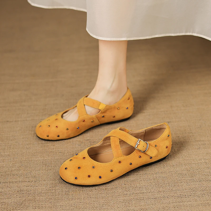 US5-10 Size Genuine Leather Sheepskin Suede Women Shoes,Cross Lace-Up Inlaid Decoration Mary Janes Shoes,Fashion Ballet Flats