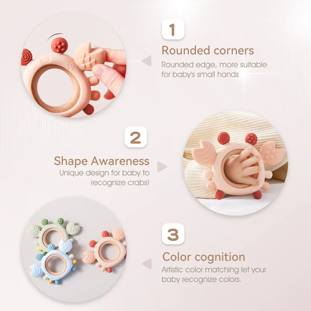 Mordedor de silicona para bebé, juguetes para bebé, juguetes para la dentición masticar gratis, anillo de madera de cangrejo, mordedor de silicona Reborn de 0 a 6 meses
