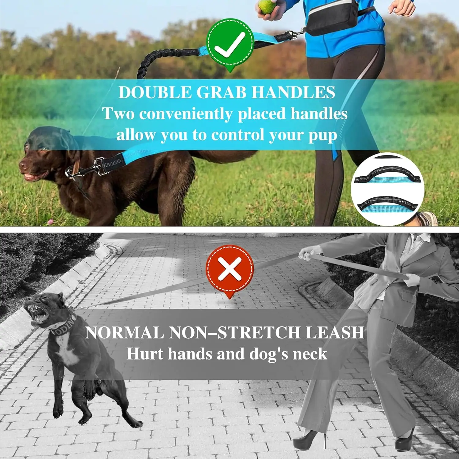 Kostenlose Hundeleine mit Reißverschlusstasche, doppelt gepolsterte Griffe, Laufleine für mittelgroße und große Hunde, einziehbare Hundeleine mit Bungee-Taille – Detail 3