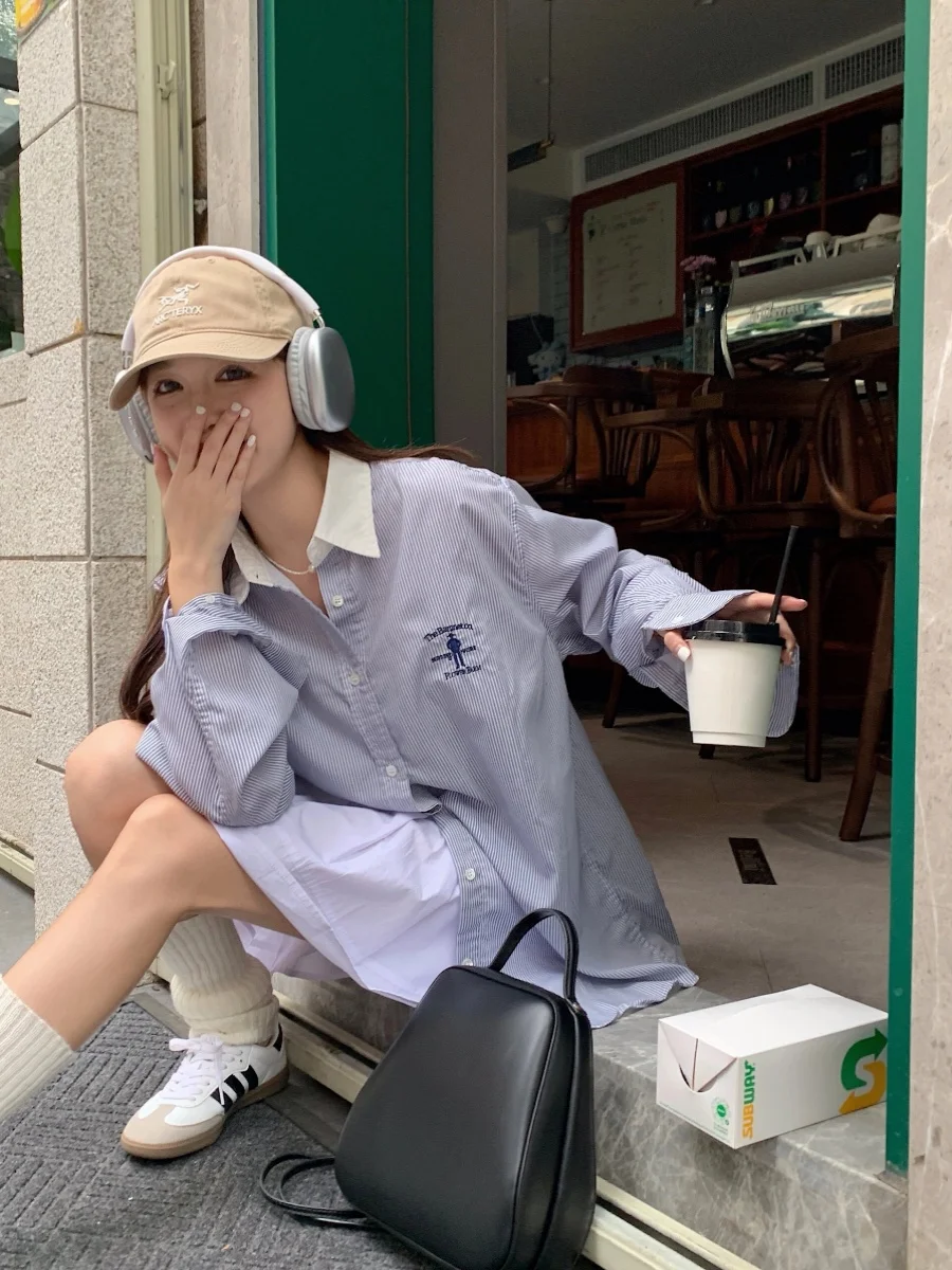 

Blue Embroidered Long Sve Collar Striped irt Women's Faion Clot T Thebarnnet Color Blo Turn Collar Cotton ...