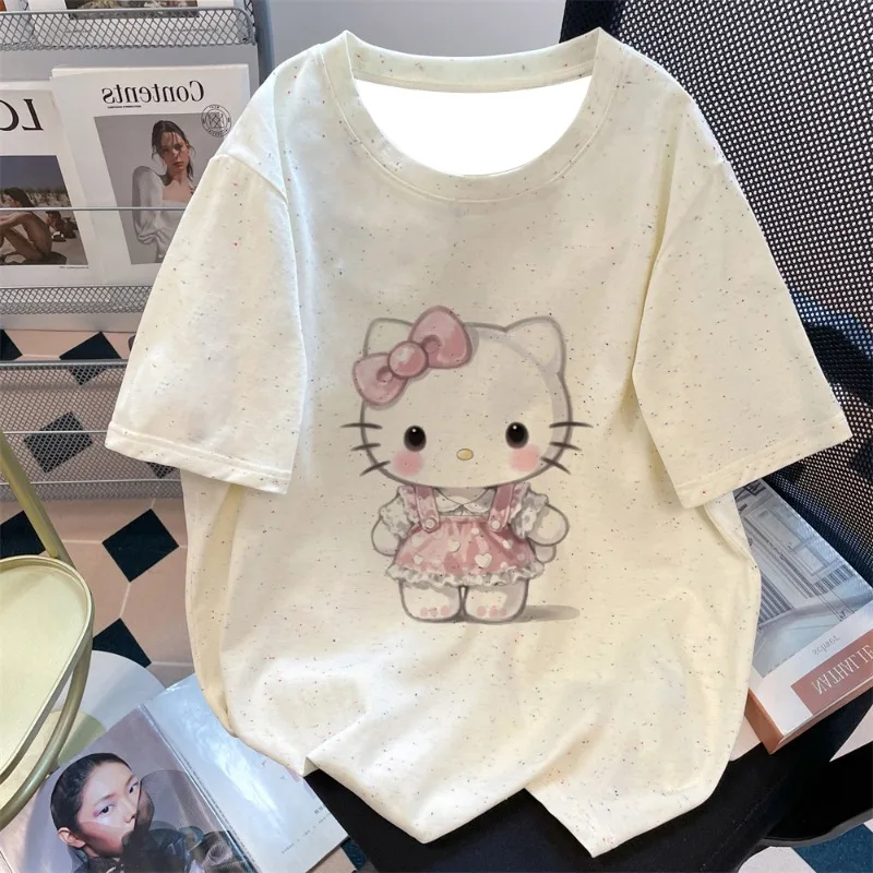 

Новинка 2025 года, быстросохнущая футболка с короткими рукавами Hello Kitty с 3D принтом, летний милый стильный дышащий топ