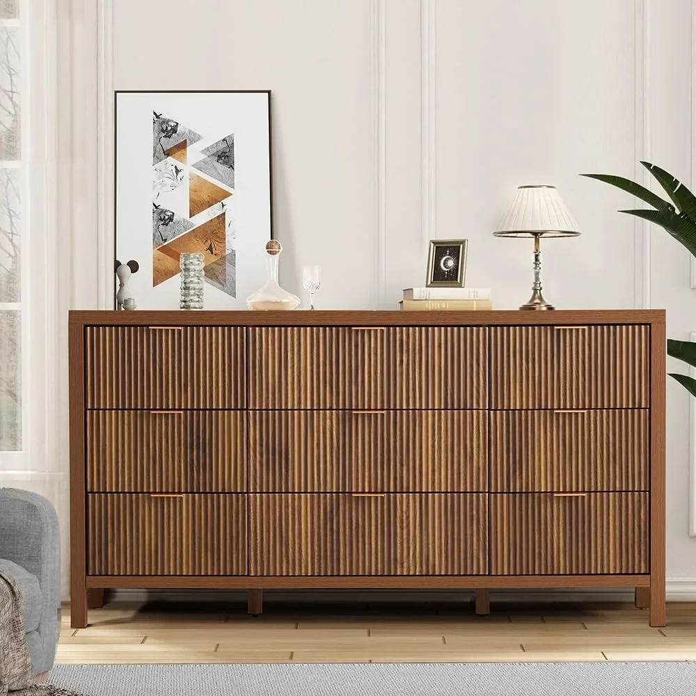 Mid Century Modern Dresser TV Stand, 9 Drawer Dresser for Bedroom Wood,