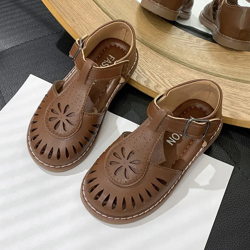 Rindu Girls\' Beach Sandals New Children\'s Summer Baby Princess Shoes Mid size Children\'s Hollow out Baotou Roman Shoes