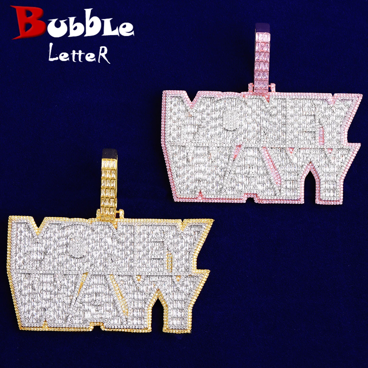 

Bubble Letter Iced Out Money Wayy Necklace Pendant for Men Prong Setting Real Gold Plated Hip Hop Jewelry