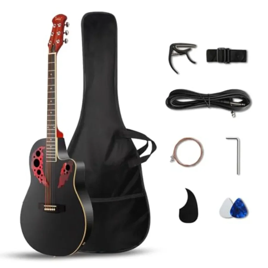 

41in Acoustic Electric Guitar for beginners, round-back design with cutaway, 6-string black full-right-handed guitar kit featur