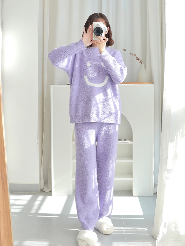 Half velvet padded pajamas winter women\'s 2023 new coral velvet sweet smiling face can be worn outside home suit