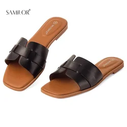 Womens Sandals Square Toe Flat Slippers Women Wide Fit Leather Slides Dressy Summer Shoes Outdoor Daily Casual Shoes