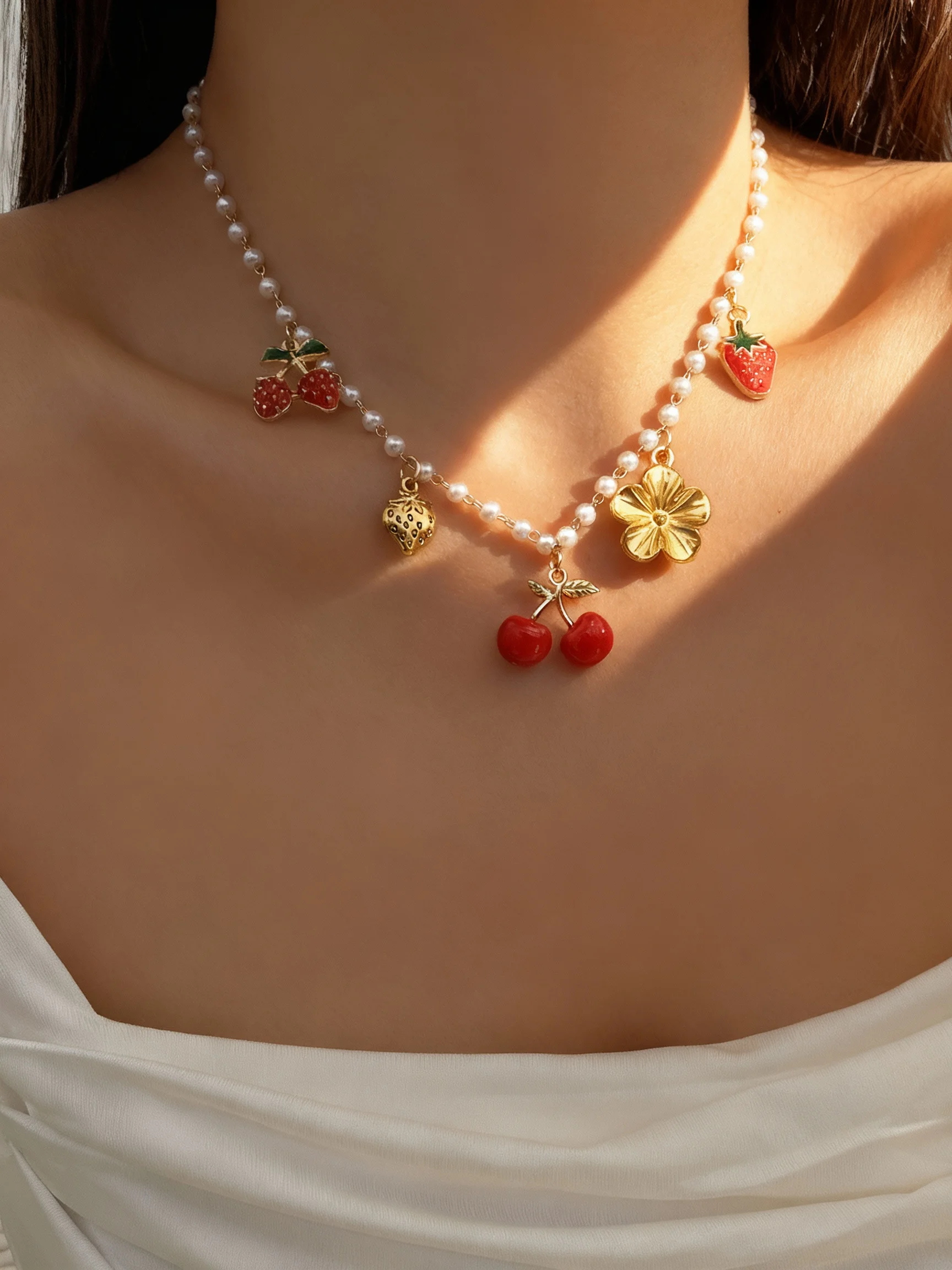 الحد الأدنى زهرة الكرز الأحمر قلادة قلادة للنساء فتاة الحلو الفراولة القلب القوس سلسلة الترقوة هدايا مجوهرات الصداقة #3