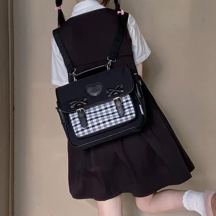 JIAERDI-Harajuku Xadrez JK Mochila para Mulheres, Mochila Lolita Vintage, Bolsa de Escola Feminina, Uniforme Kawaii, Lolita Bow Handle, Mochilas Bonitas Japonesas, 2023