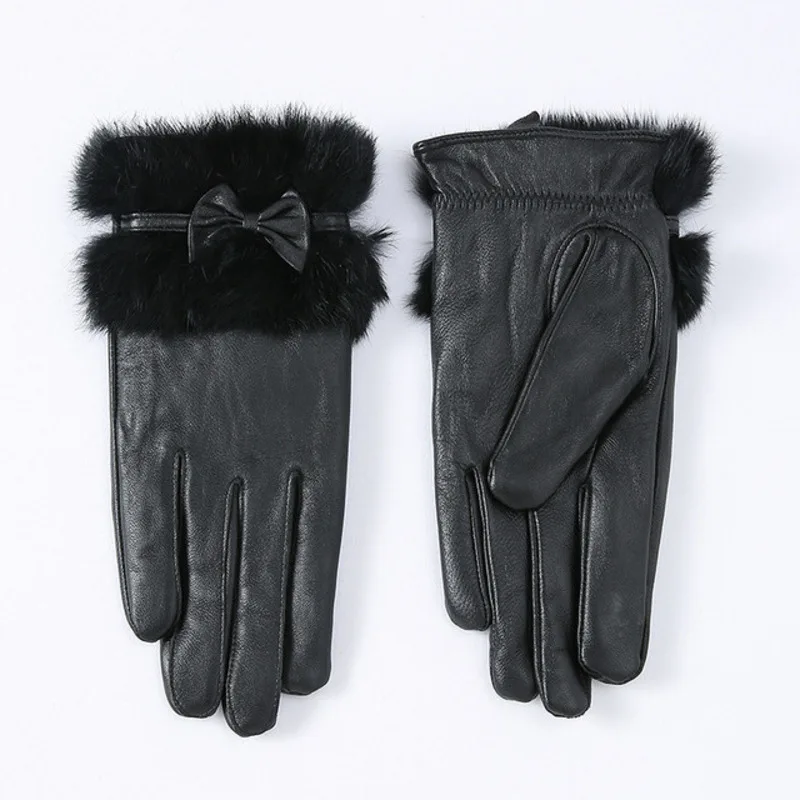 1 Pair Women`s Winter Lambskin Leather Touchscreen Gloves Wool Lined Rabbit Fur Cuffs Bowknot Decor Thickened Mittens