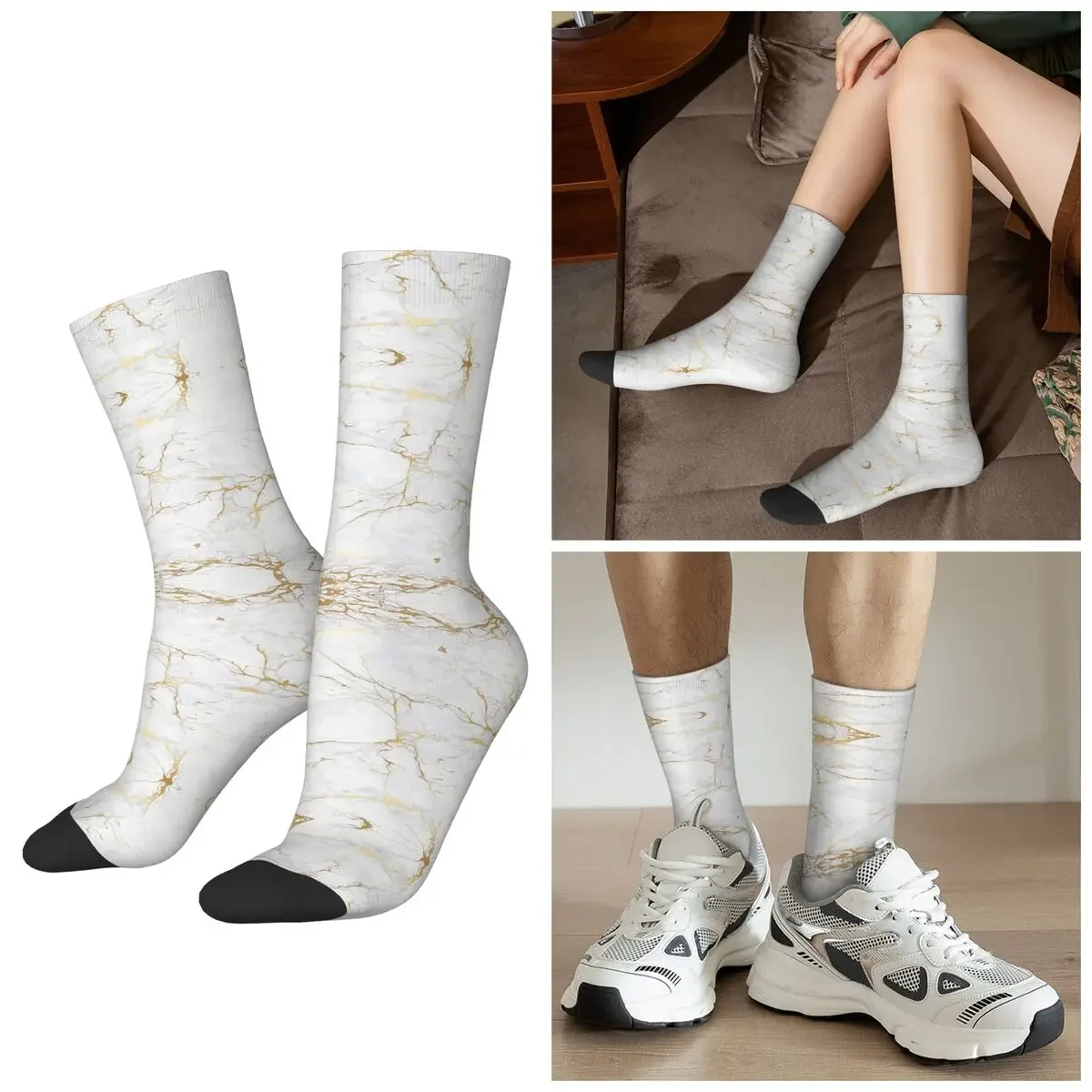 

All Seasons White And Gold Marbl Socks Harajuku Crew Socks Funny Stockings for Men Women Valentine's Day Gifts