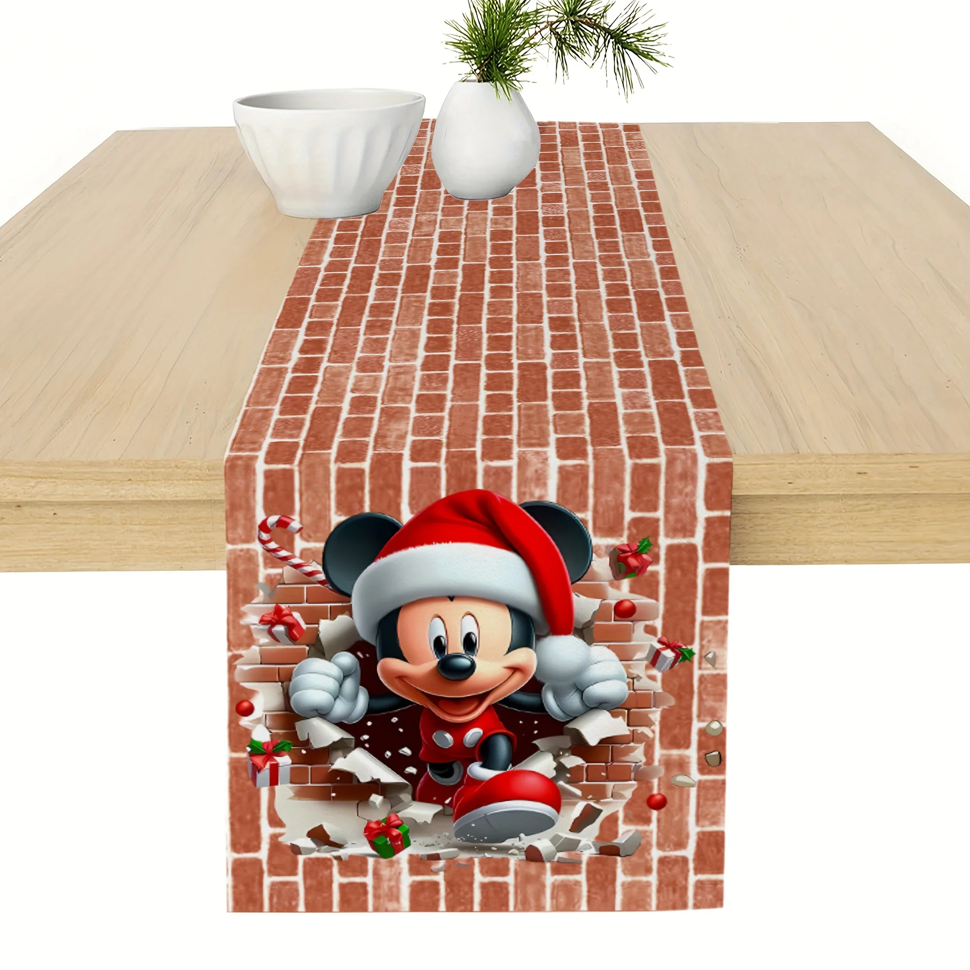

1 Piece Christmas Disney Mickey Table Runner - Plaid and Christmas Hat Design, Suitable for Indoor/Outdoor Dining, Weddings, Parties