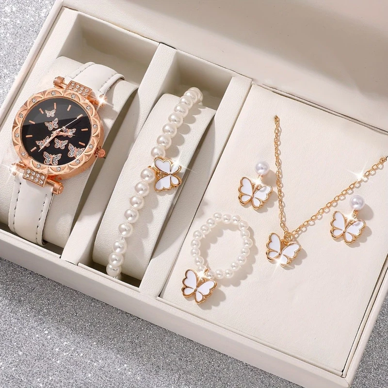 Ensemble de bijoux cinq pièces pour femmes, montres à quartz pour poignet, accessoires simples, collier papillon, montres-bracelets, horloge, mode