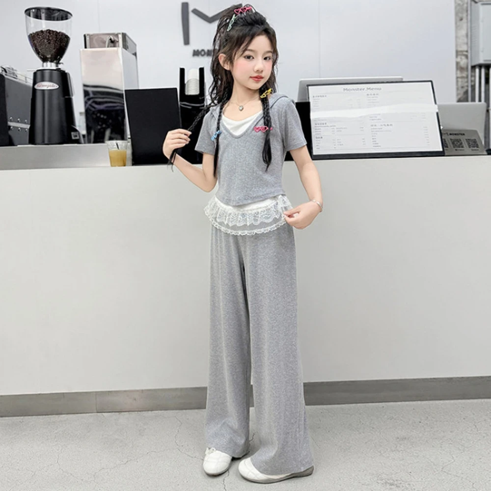 

Summer New Teenager Girls Clothes Children Suit Kids Splicing Lace Short Sleeve Hooded t-shirt + Wide Leg Pants 4 5 8 15 Years