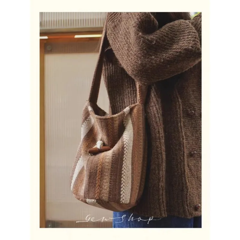 

Bucket Bag, Horn Buckle, Woolen Crossbody Shoulder Bag, French Retro Stitching Textured Canvas Bag