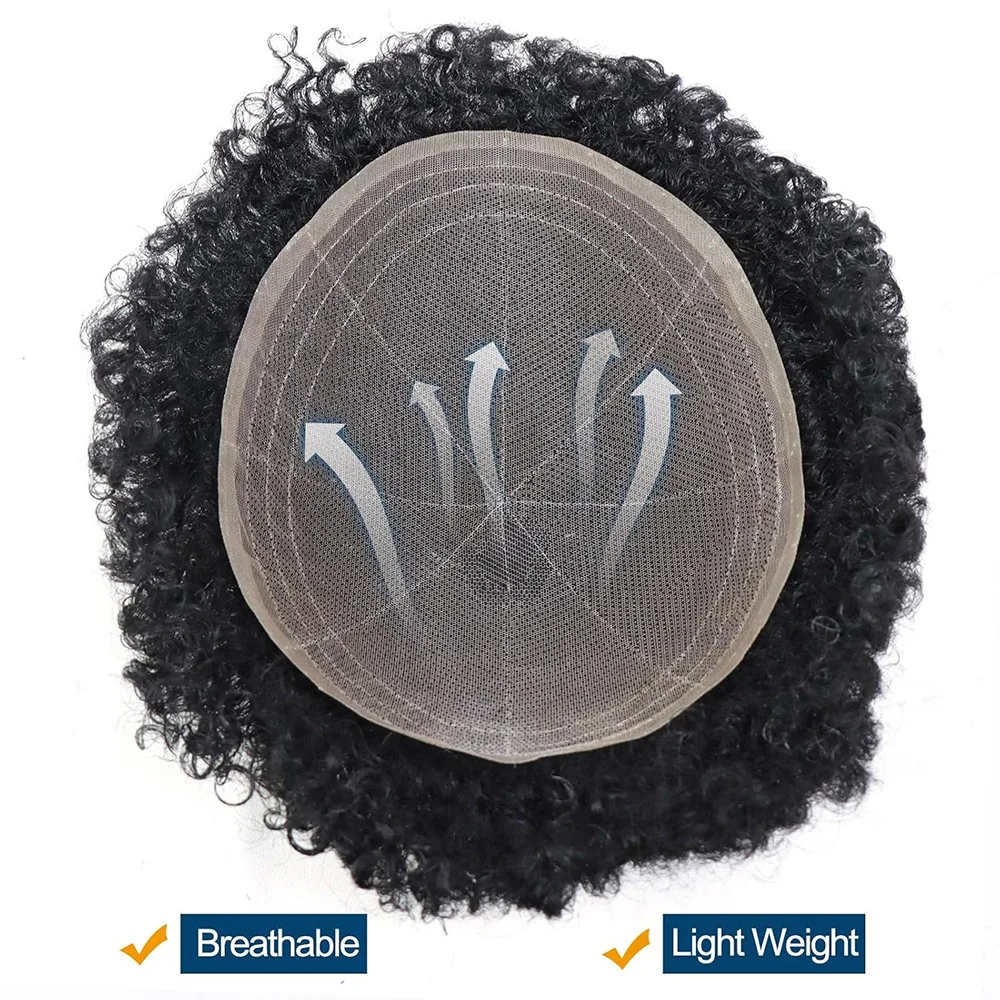 Afro Curly Full Lace Mens Toupee 8mm Wave Human Hair Piece African Male Wig Kinky Curly Replacement System Unit Men's Prosthesis