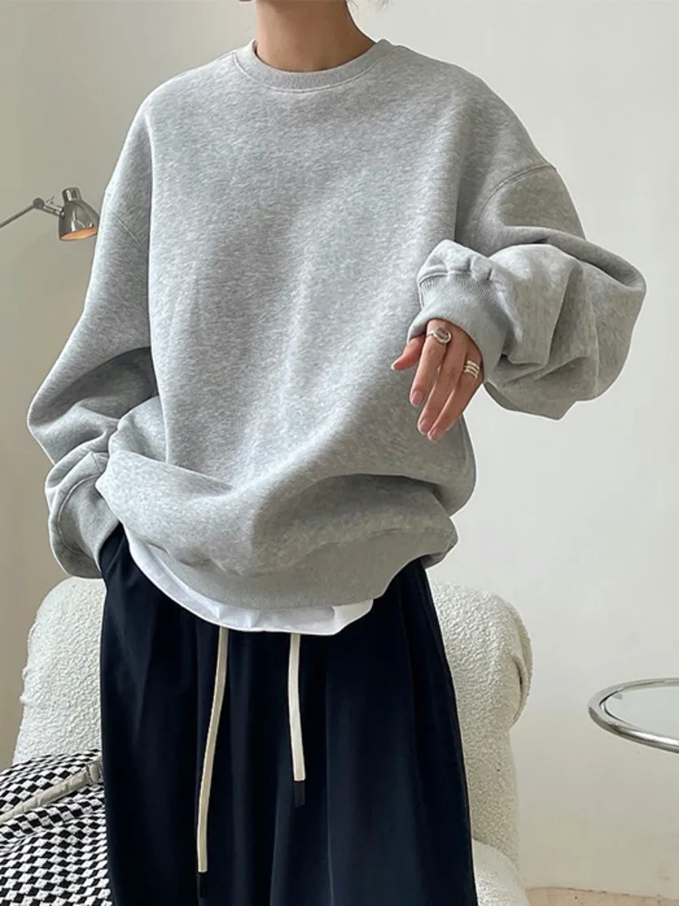 LANMREM Thick Plush Sweatshirt For Women Round Neck Long Sleeves Solid Color Loose Warm Soft Pullover 2024 Spring Winter 2R9458