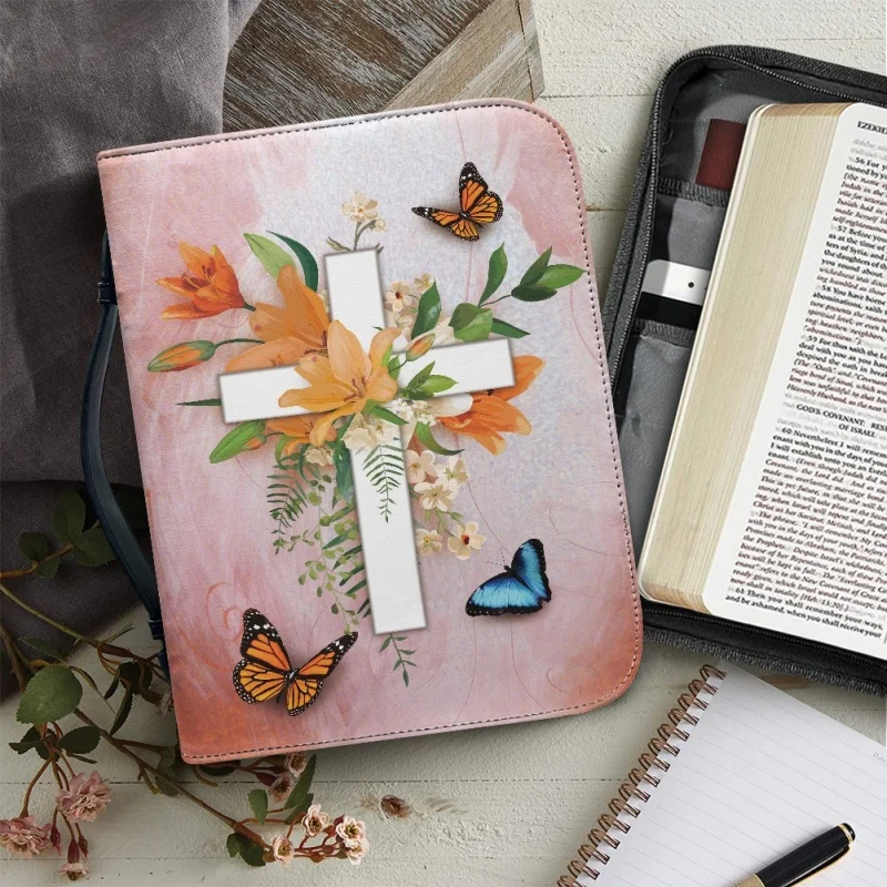 Funda de cuero con estampado de flores para mujer, bolso con asa y cremallera, práctico y portátil, para almacenamiento de la Biblia