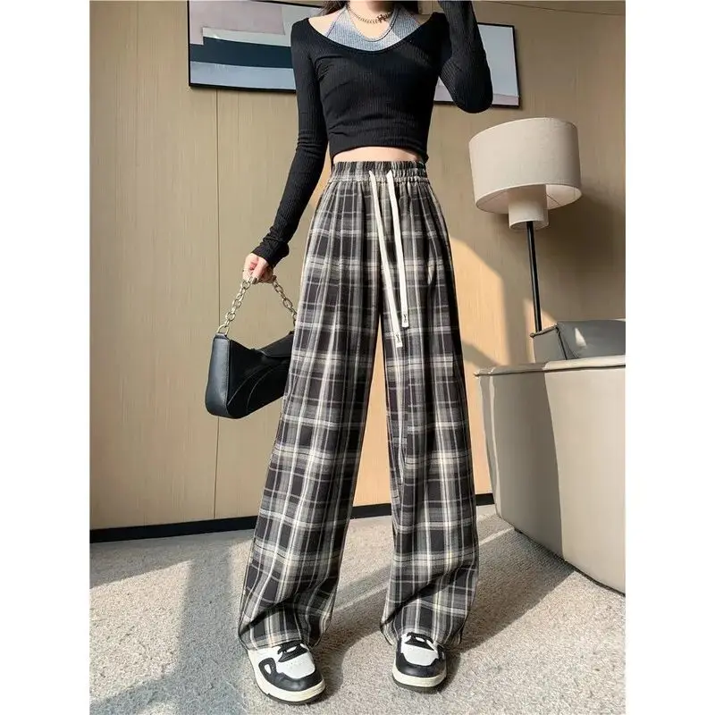 Spring Summer New Elastic Waist Fashion Wide Leg Trousers Women High Street Plaid Printing Pockets Patchwork Drawstring Pants