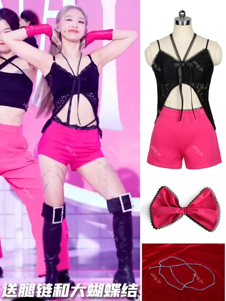 kpop-korean-singer-concert-jazz-dance-black-off-shoulder-bow-sling-tube-tops-red-sexy-high-waist-slim-shorts-women-stage-costume