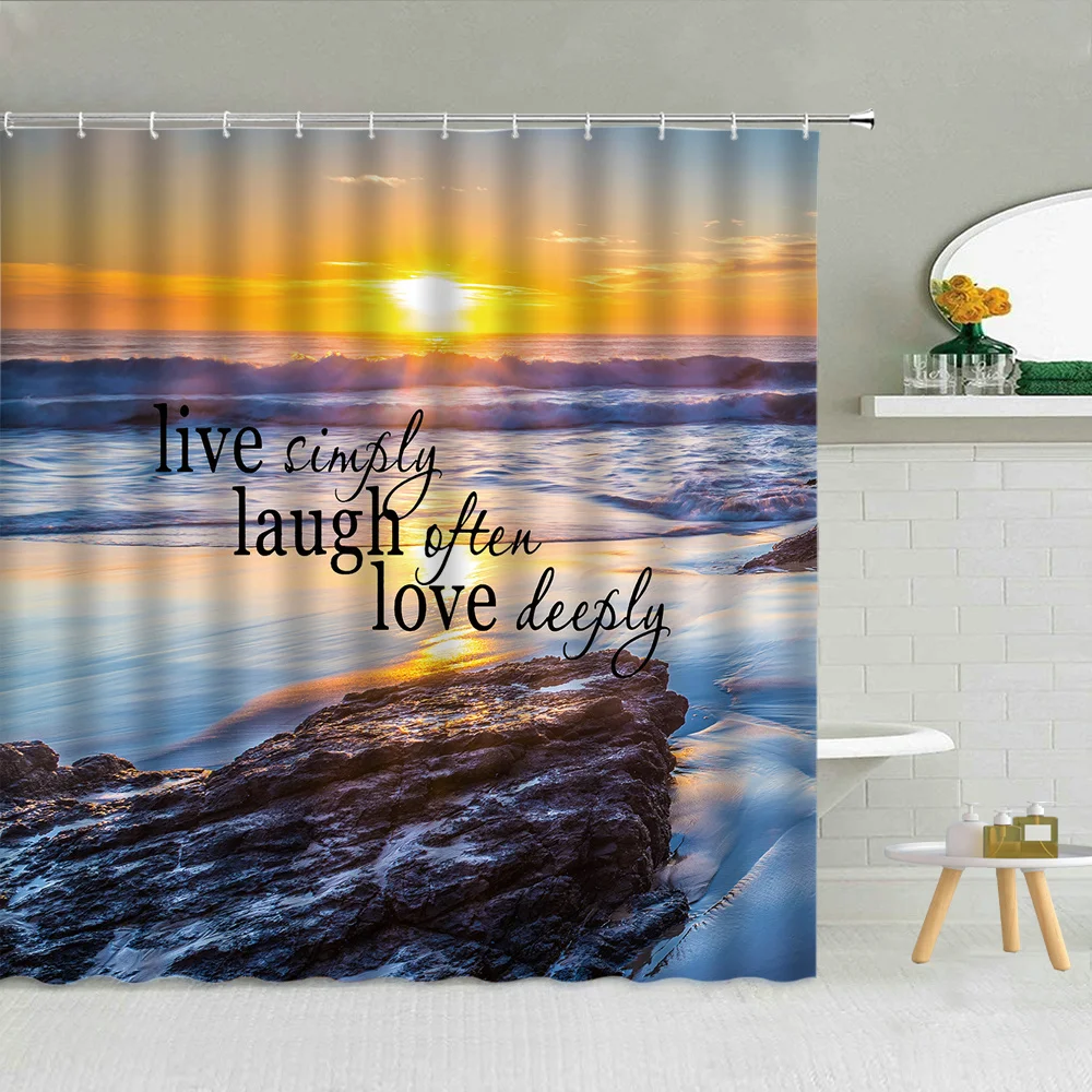 

Sea View Beach Waves Scenery Shower Curtain Sunrise Rock Ocean Landscape Bathroom Decor Inspirational Quotes Waterproof Curtains