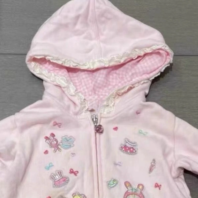 Japanese Kawaii Cartoon Embroidery Hoodies Women Pink Top Lace Patchwork Jacket Y2k Aesthetic Loose Zipper Sweatshirt Harajuku