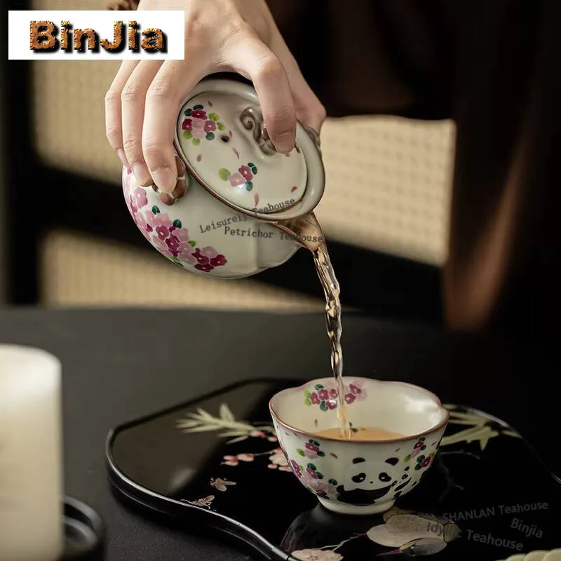 160ml Chinese Ru Kiln Porcelain Teapot Cute Panda Flower Handheld Pot Antiquetea Making Kettle With Infuser Tea Services Craft