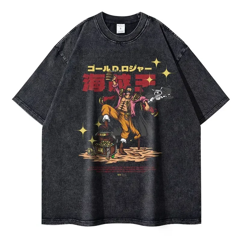 

One Piece Gol D. Roger Pirate King Treasure Retro Acid Wash Oversized Black T Shirt 2026 Summer Streetwear Anime Graphic Tee