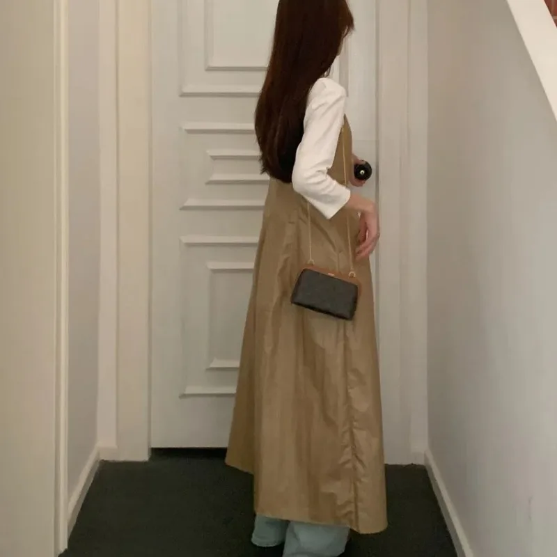 Robe longue débardeur en cuir pour femmes, Style français, Vintage, sans manches, coupe cintrée, ligne a, mi-longue, printemps