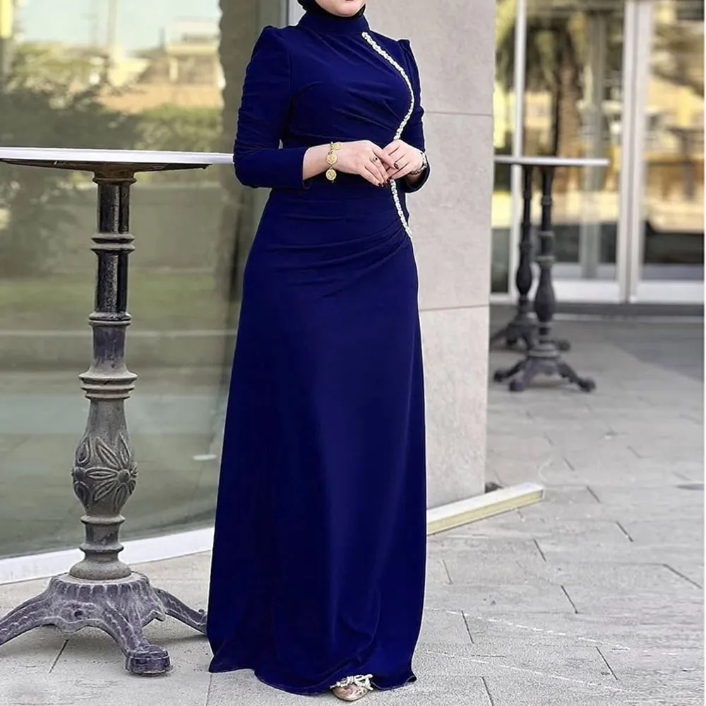 

Customized A-Line Prom Dresses Floor-Length High-Neck Full Sleeve Evening Gown Fashion Crystal Simple Draped Casual Party Gown