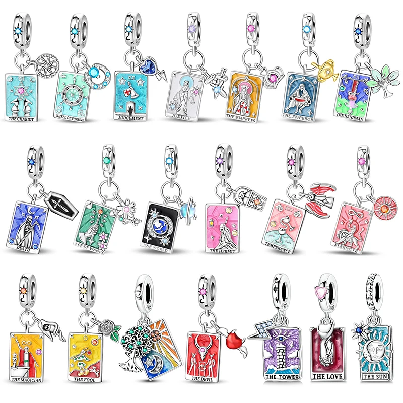 

Enamel Colors zircon charm beads 925 sterling silver Tarot Card Dangle for original bracelet charms pendant jewelry