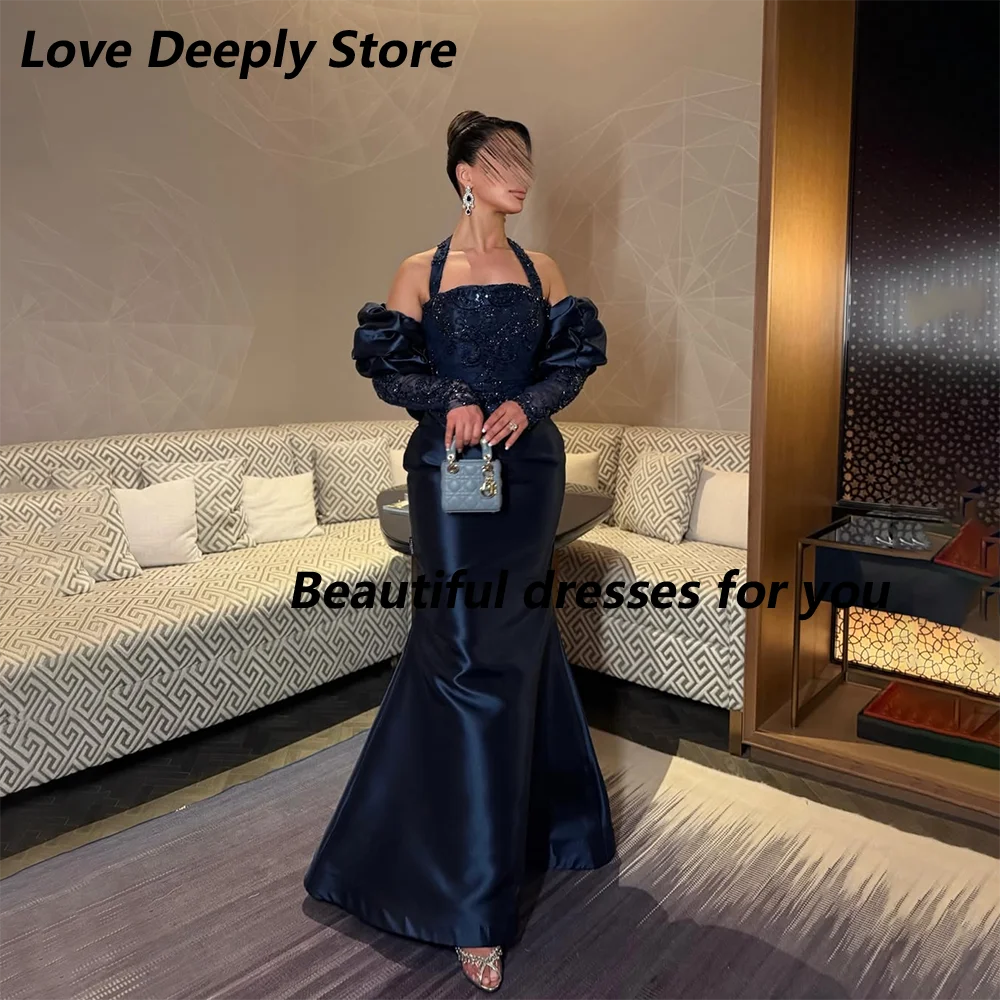 Navy Halter Neck Evening Dress with Sleeves Customized Long Mermaid Pleated  Beaded Satin Formal Party Dress Backless Prom Gown