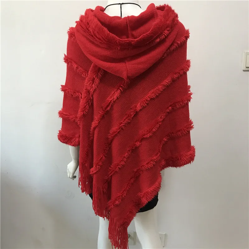 

Spring Autumn Hooded Women Tassel Large Sweater New Imitation Cashmere Hot Selling Lady Cloak Shawl Fashion Wear Red