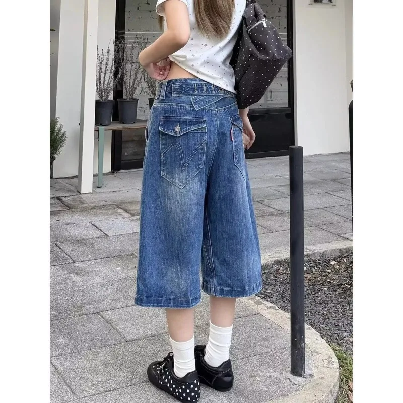 Summer Women's Fashion Button-Up Denim Shorts Y2k Girl Wide Leg Streetwear High Waist Half Trousers Female Calf-length Pants