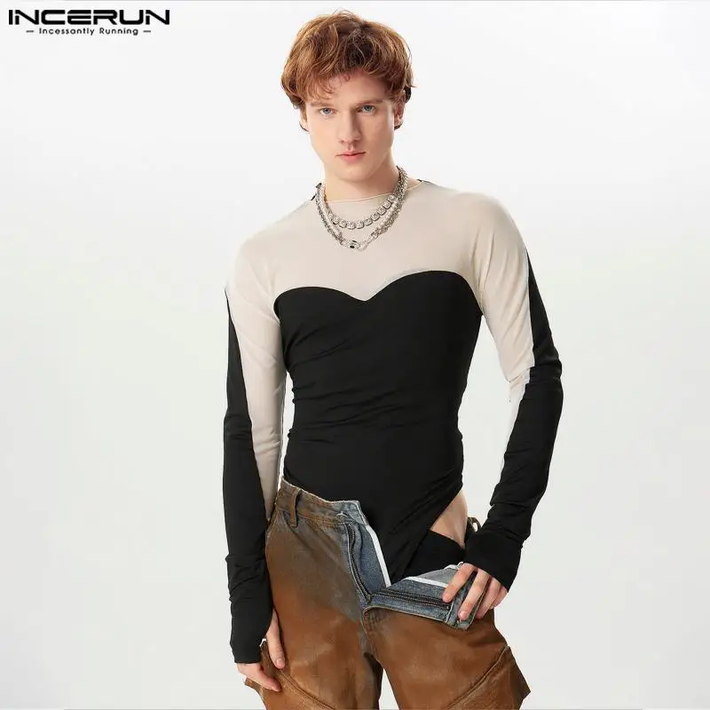 2024 Men Bodysuits Mesh Patchwork O-neck Long Sleeve Male Bodysuit Fitness Transparent Streetwear Fashion Rompers INCERUN S-5XL