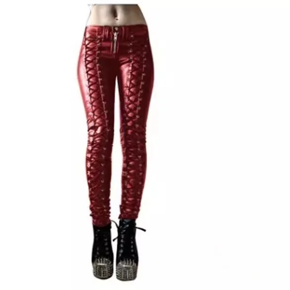 New 2024 Women's Tied PU Leather Pants  Color Casual Mid-Waist Long Pants Trendy Base Layer Pants for Ladies