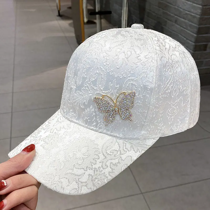 Women\'s Glittering Rhinestone Baseball Cap, Butterfly Decoration, Casual Caps, Adjustable, Outdoor Hats, New Fashion, Summer