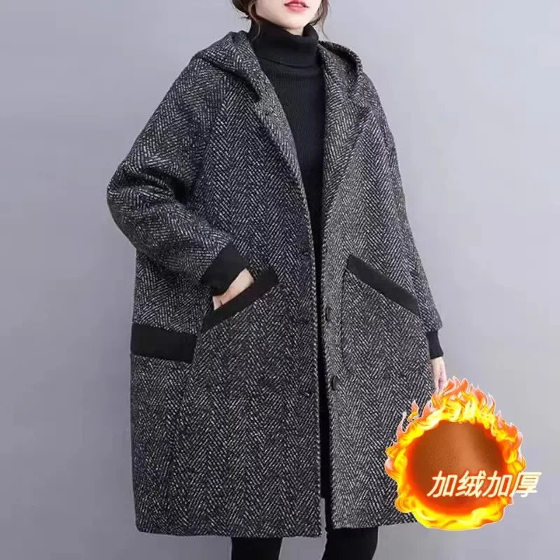 Large Size Women Windbreaker Autumn Winter Thick Plush Warm Coats Korean Loose Hooded Long Wool Overcoat Female Cardigan