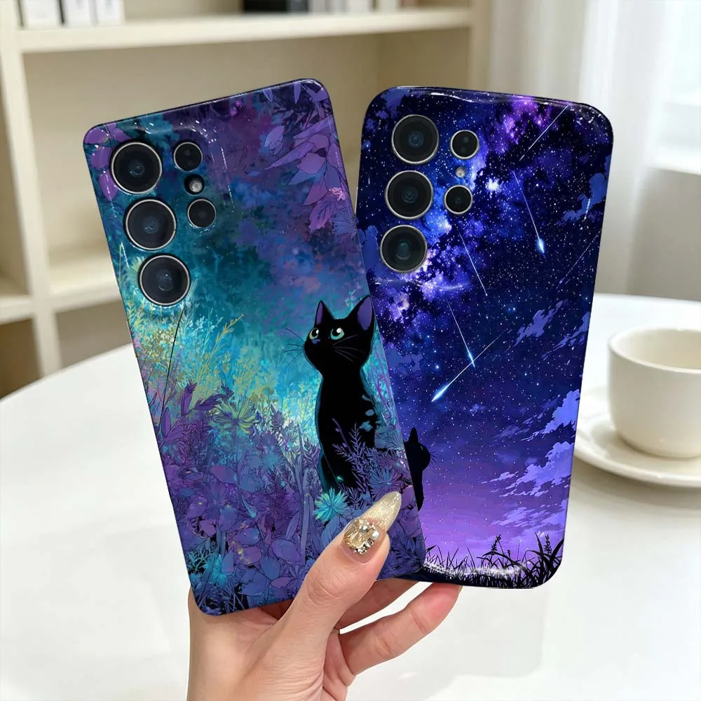 Cartoon Starry Sky Cat For Samsung Galaxy S26 S25 S24 S23 Ultra FE Plus Feilini Hard Phone Case Wave Oil Soft Phone Case