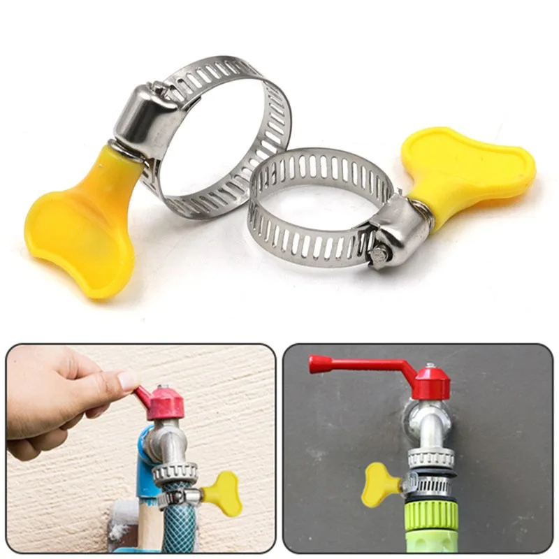 1PC 16-25mm Adjustable Yellow Plastic Handle Hand Twist Hose Clamps Worm Driving  Stainless Steel Pipe Clips for Tubes