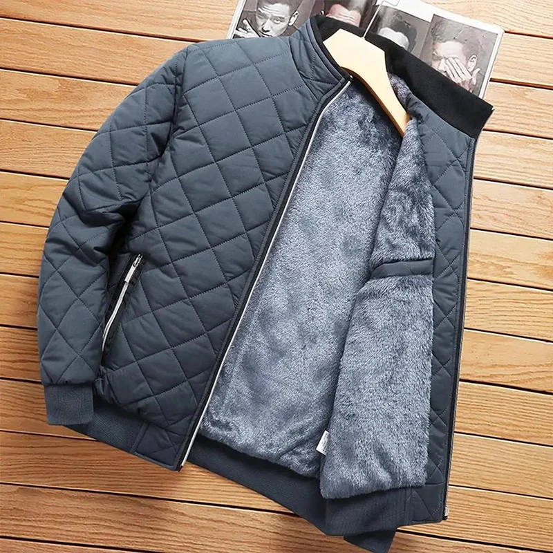 New Men's Fleece Slim Coat Metal Zipper Stand-Up Collar Fashion Jacket Diamond Plaid Windproof Quilted Jacket Aviator Jacket