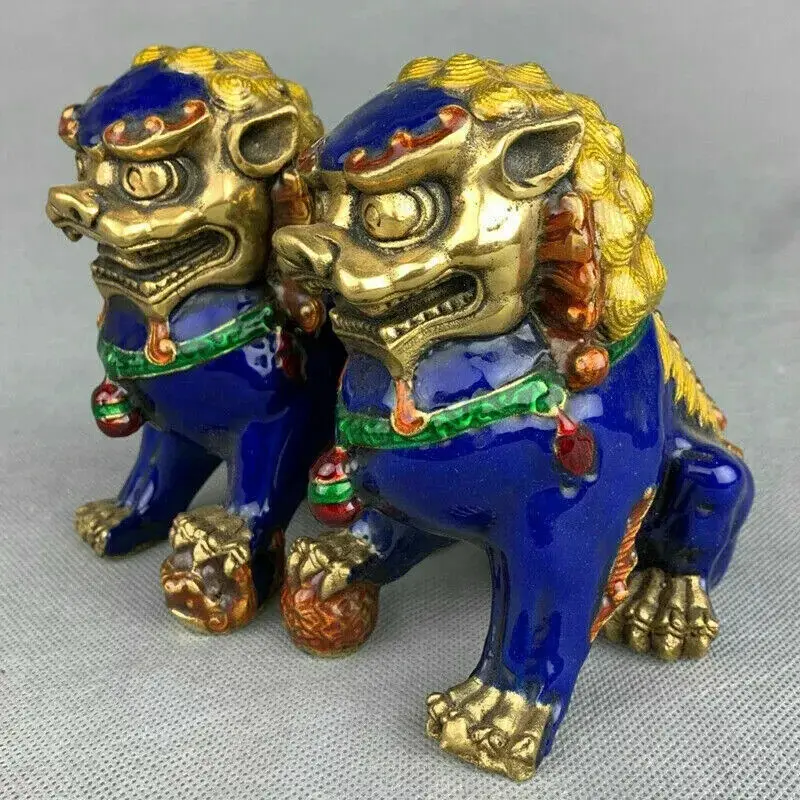 الصين فنغشوي مصوغة بطريقة المينا البرونزية فو فو الكلب الحرس الأسد تمثال زوج #3