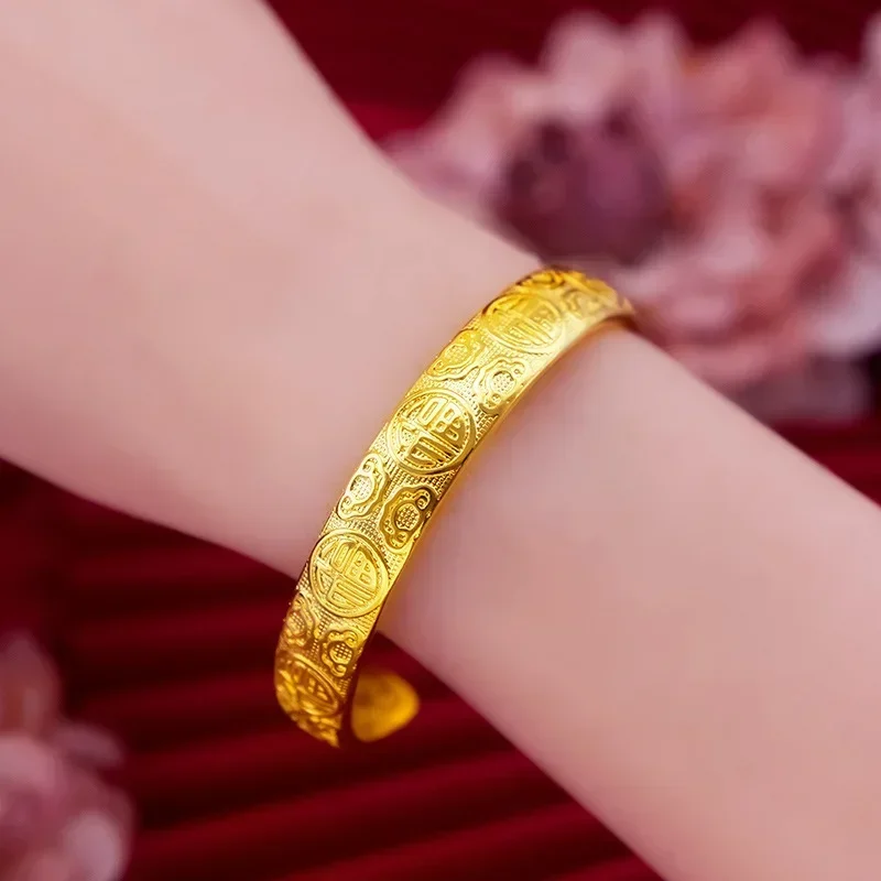 

9999 Real Gold 24K New Retro Open Baifu Heart Sutra Bracelet, Women's Gold Inner Engraved Scripture Open Baifu Bracelet Women's