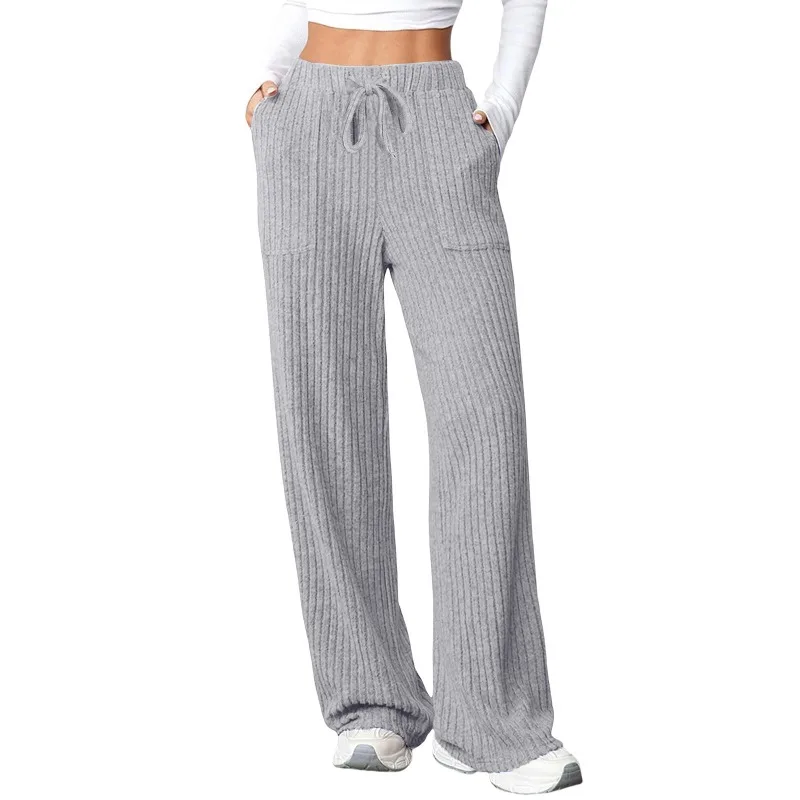 

1pcs Women's Solid Color Ribbed Knit Wide Leg Pants Casual Loose Lounge Trousers Suitable for Going Out