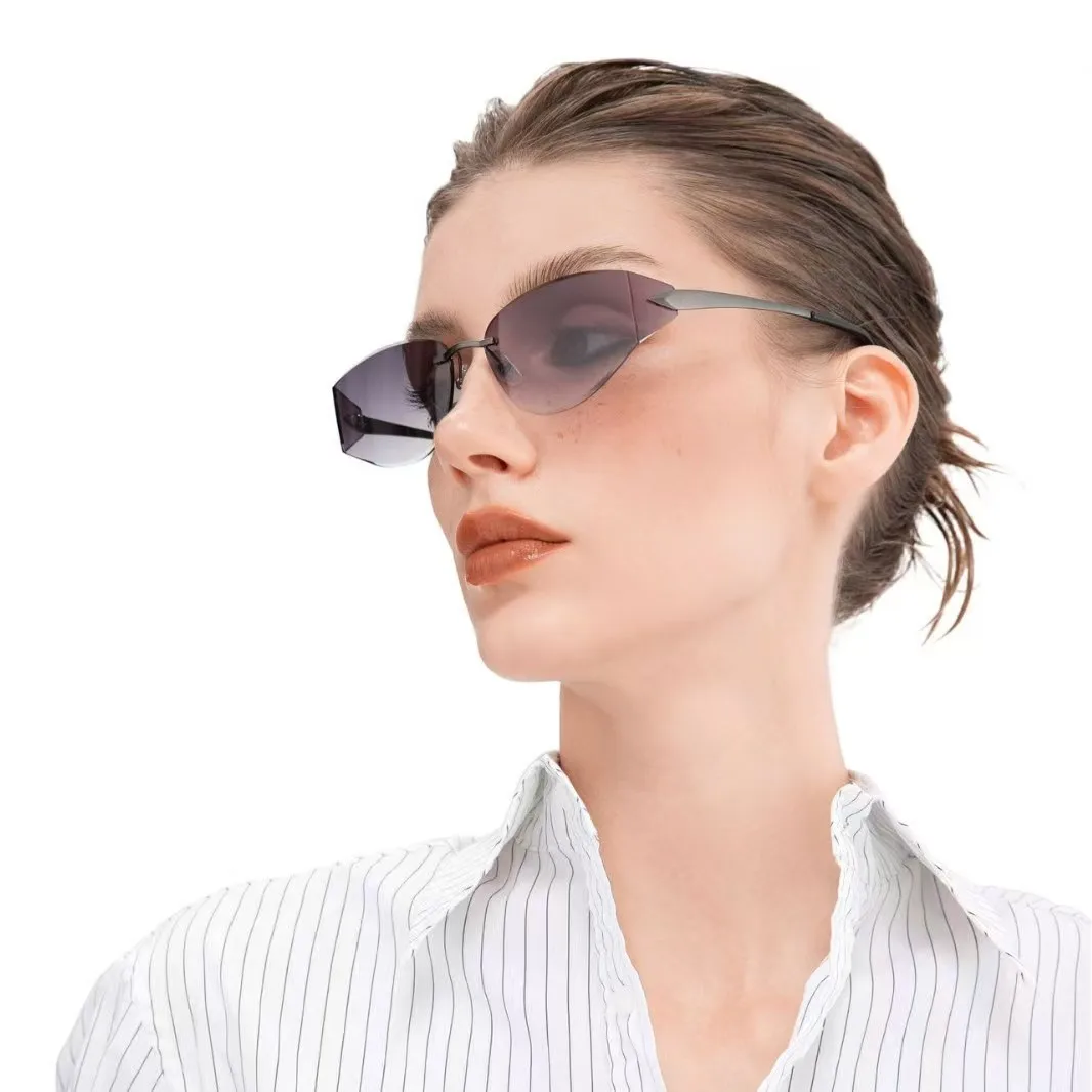 Gafas de sol sin montura a la moda para mujer, gafas de sol con gradiente de diseñador de marca, gafas sin marco con recorte de lujo para mujer de alta calidad