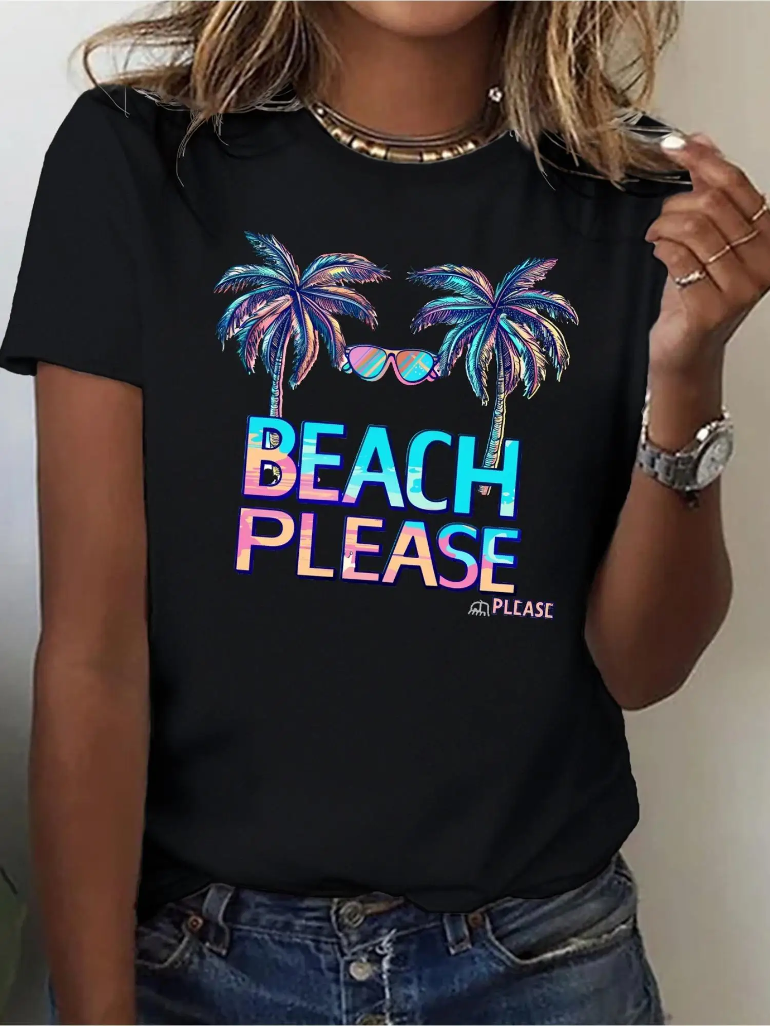 

Women's BEACH PLEASE Neon Print T-Shirt Casual Black Tee with Palm Tree Design Short Sleeve Crew Neck Top for Spring Summer