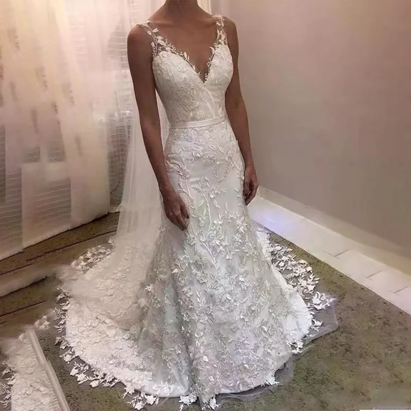 

2022 New Elegant Boho Appliqued Lace Wedding Dress Mermaid V Neck Plus Size Custom Made Cheap Wedding Gown Vestido De Novia