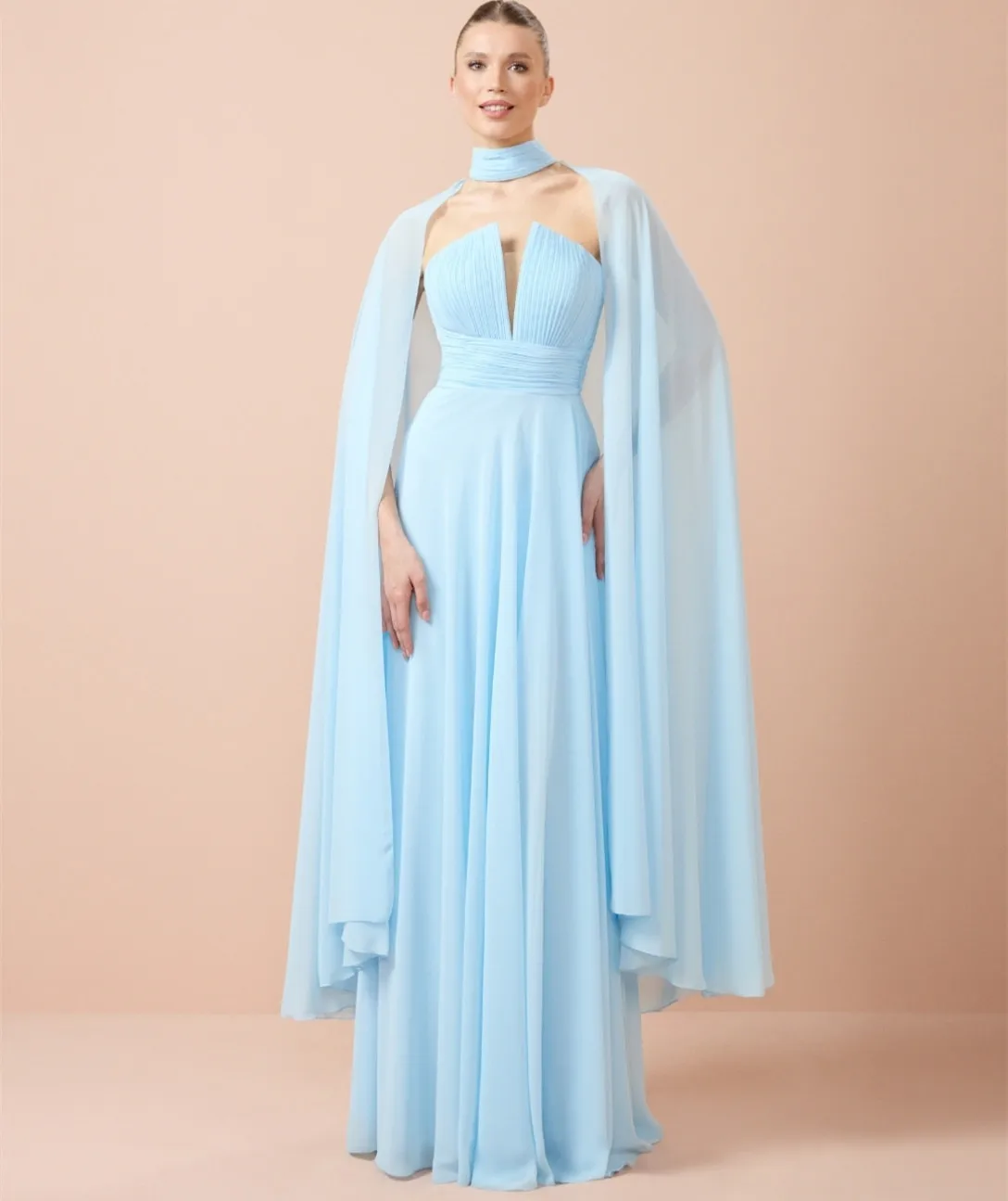 

Customized Long Light Blue V-Neck Evening Dresses with Cape A-Line Chiffon فساتين السهرة Floor Length Prom Dress for Women