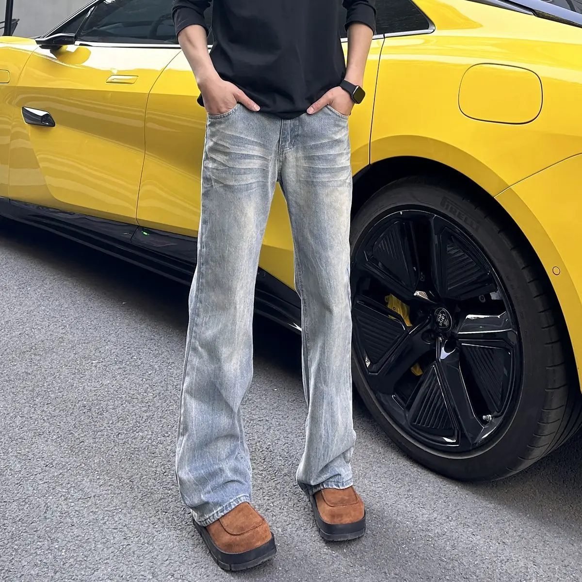 

Джинсы мужские, роскошные, новинка весны и лета 2029, трендовые тонкие джинсы с рисунком молнии, мужские и женские прямые брюки для мытья полов